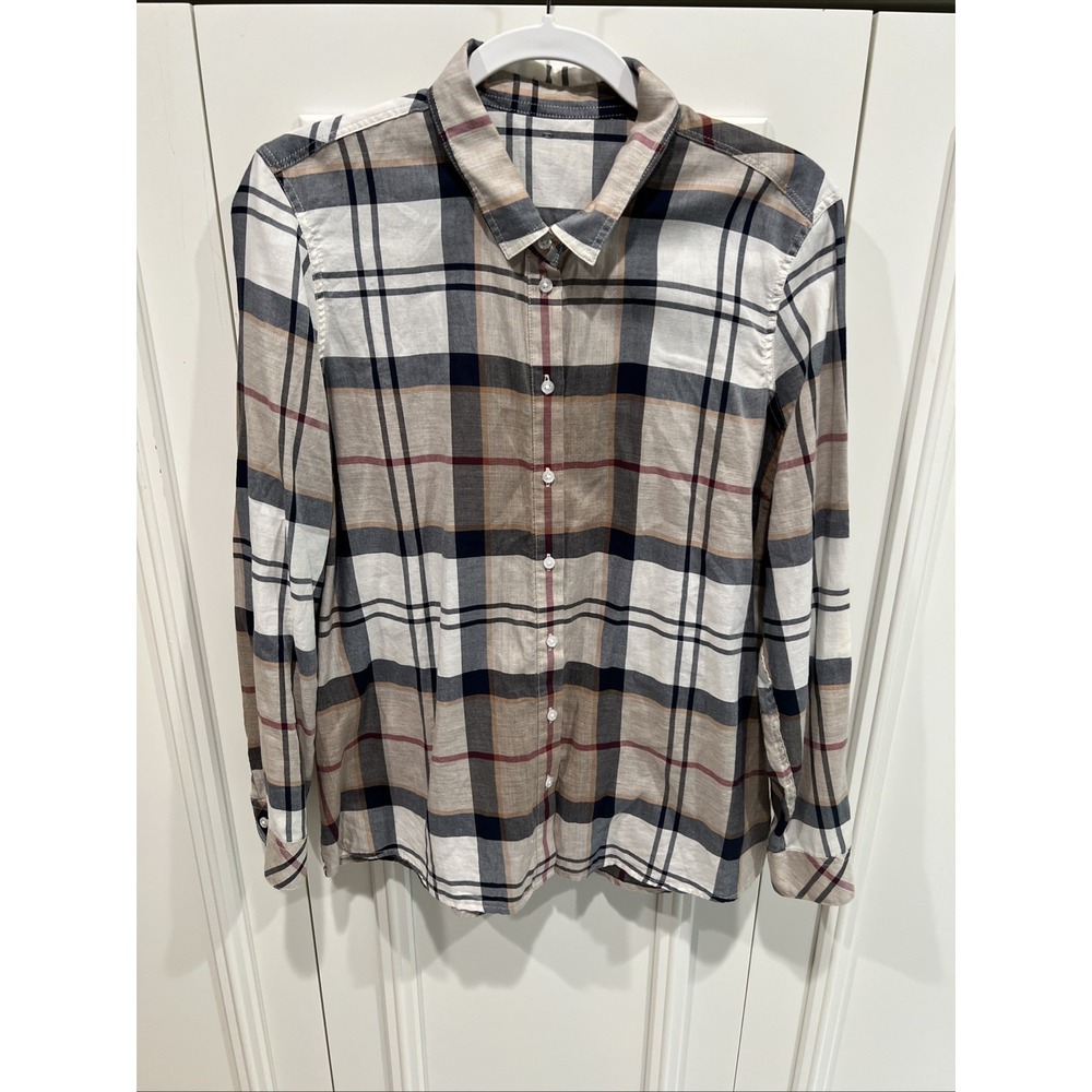 Barbour Women's XL Bredon Plaid Shirt Navy Tan Button Up Preppy Equestrian